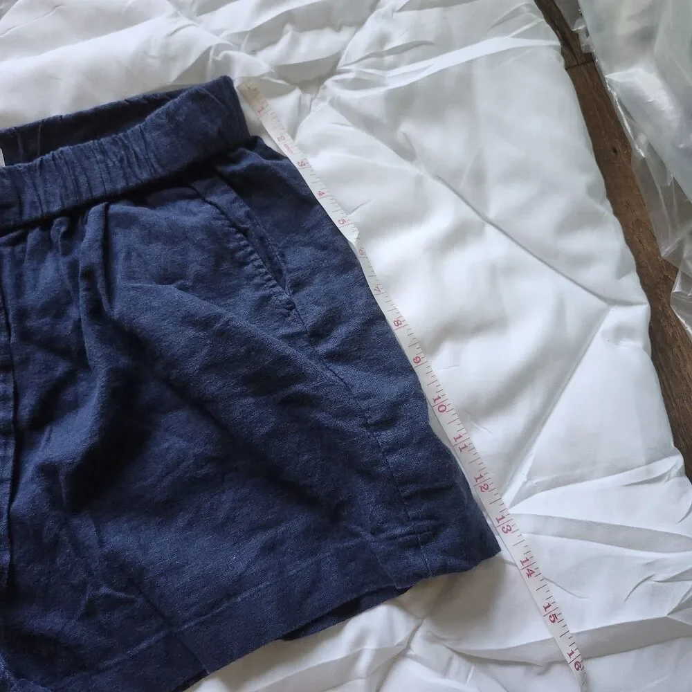 Michael Kors Navy Linen Blend Drawstring Elastic Waist Shorts Pockets Size M